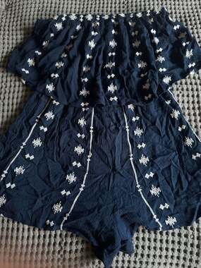 Japna Navy Blue Strapless Embroidered Crinkle Romper with Ruffle Overlay